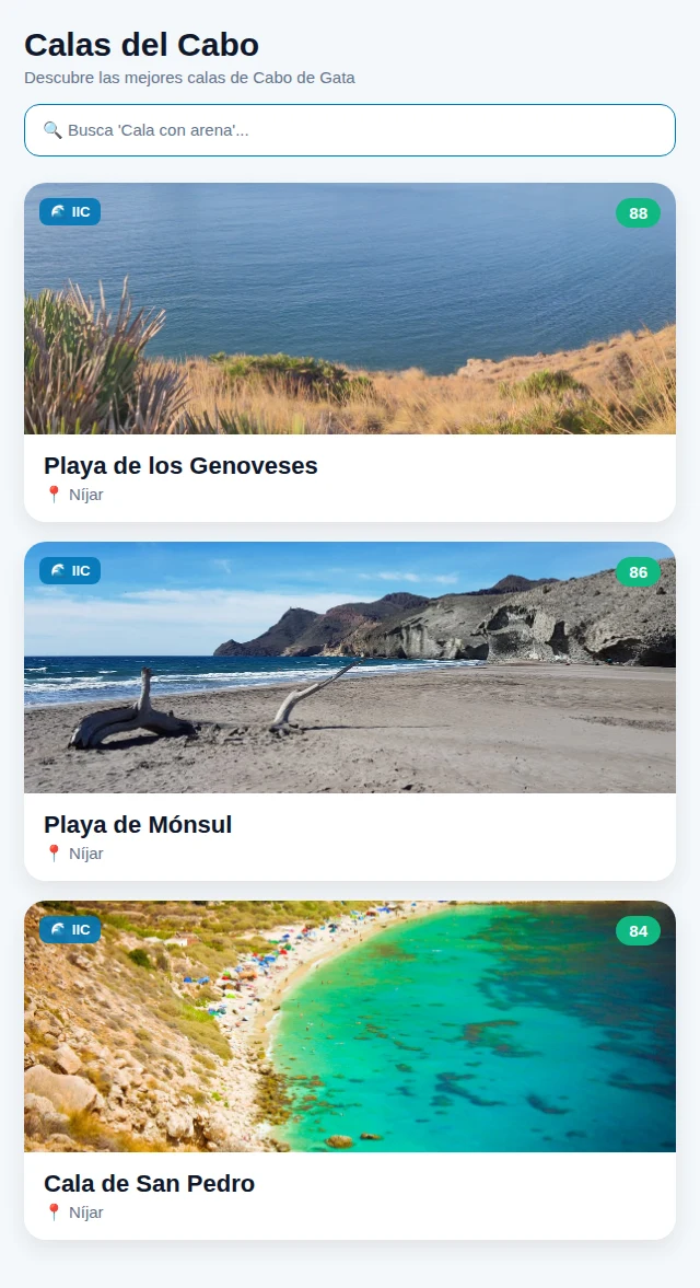 Captura real de la app Calas del Cabo mostrando el listado de calas
