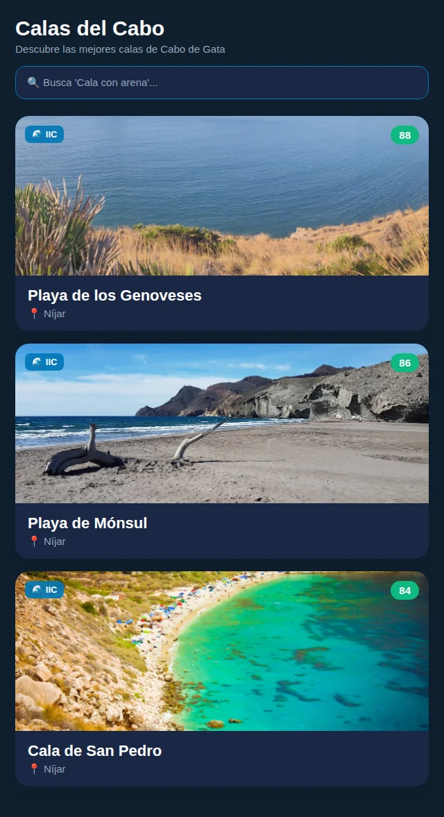 Modo oscuro de la app Calas del Cabo