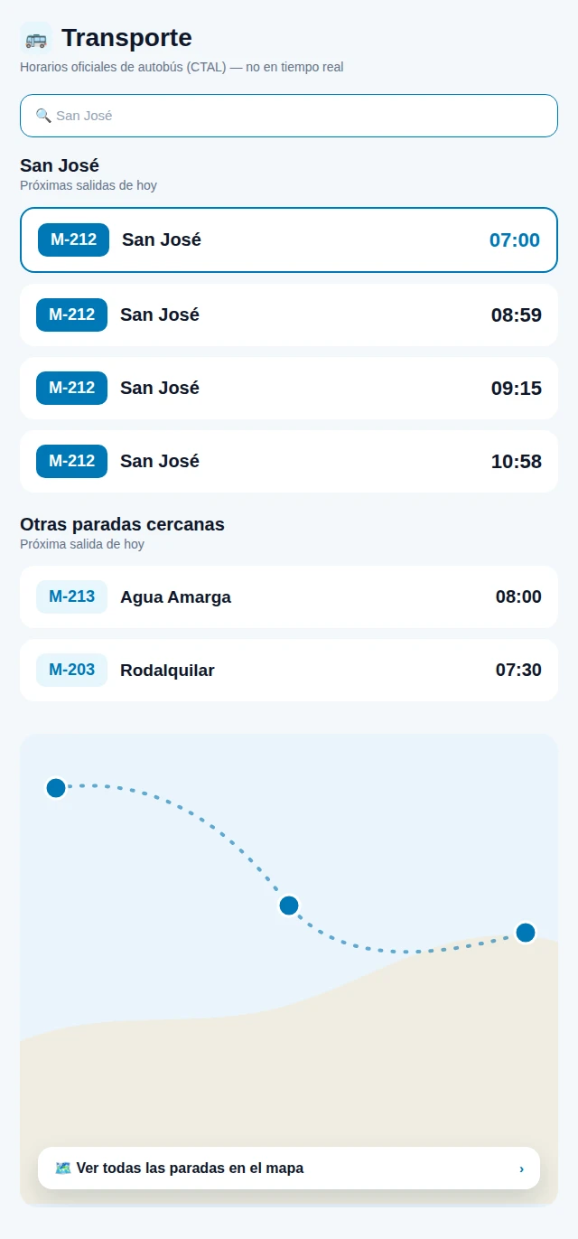 Horarios de transporte público en la app Calas del Cabo